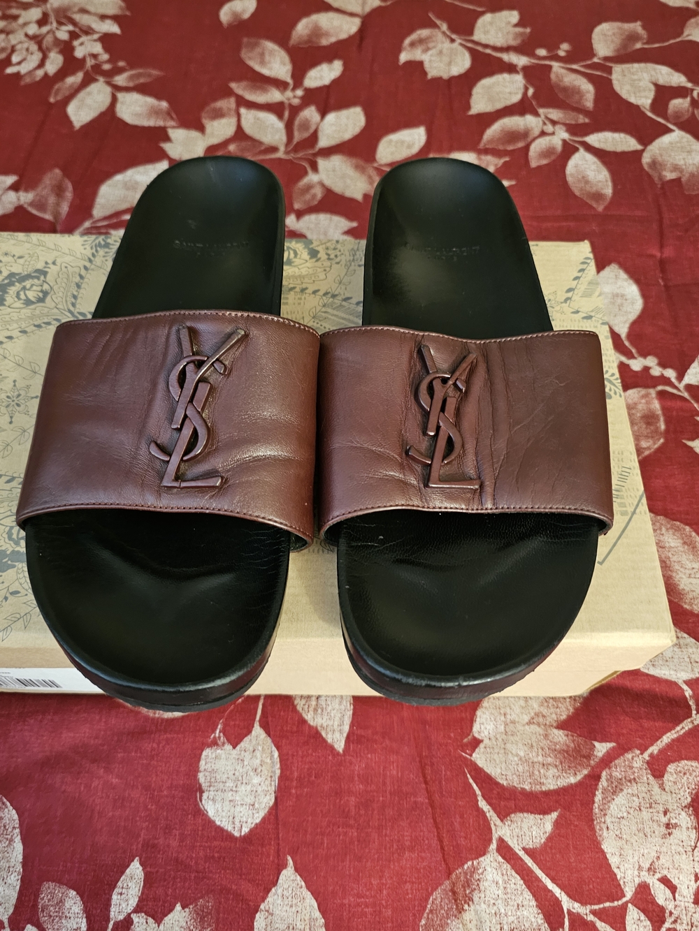 Saint Laurent Brown Leather Logo Slide Sandals